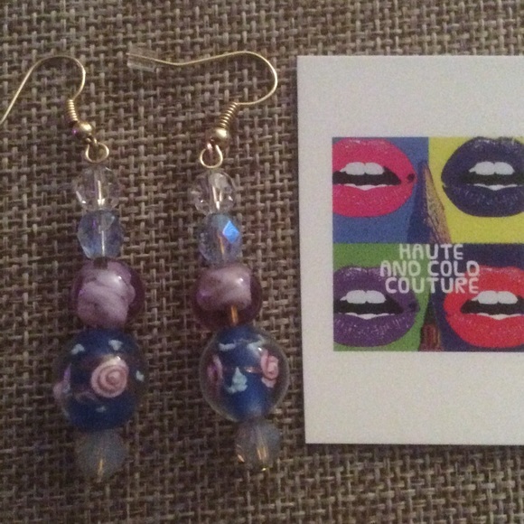 New Handmade Floral Blue & Pink Glass Earrings